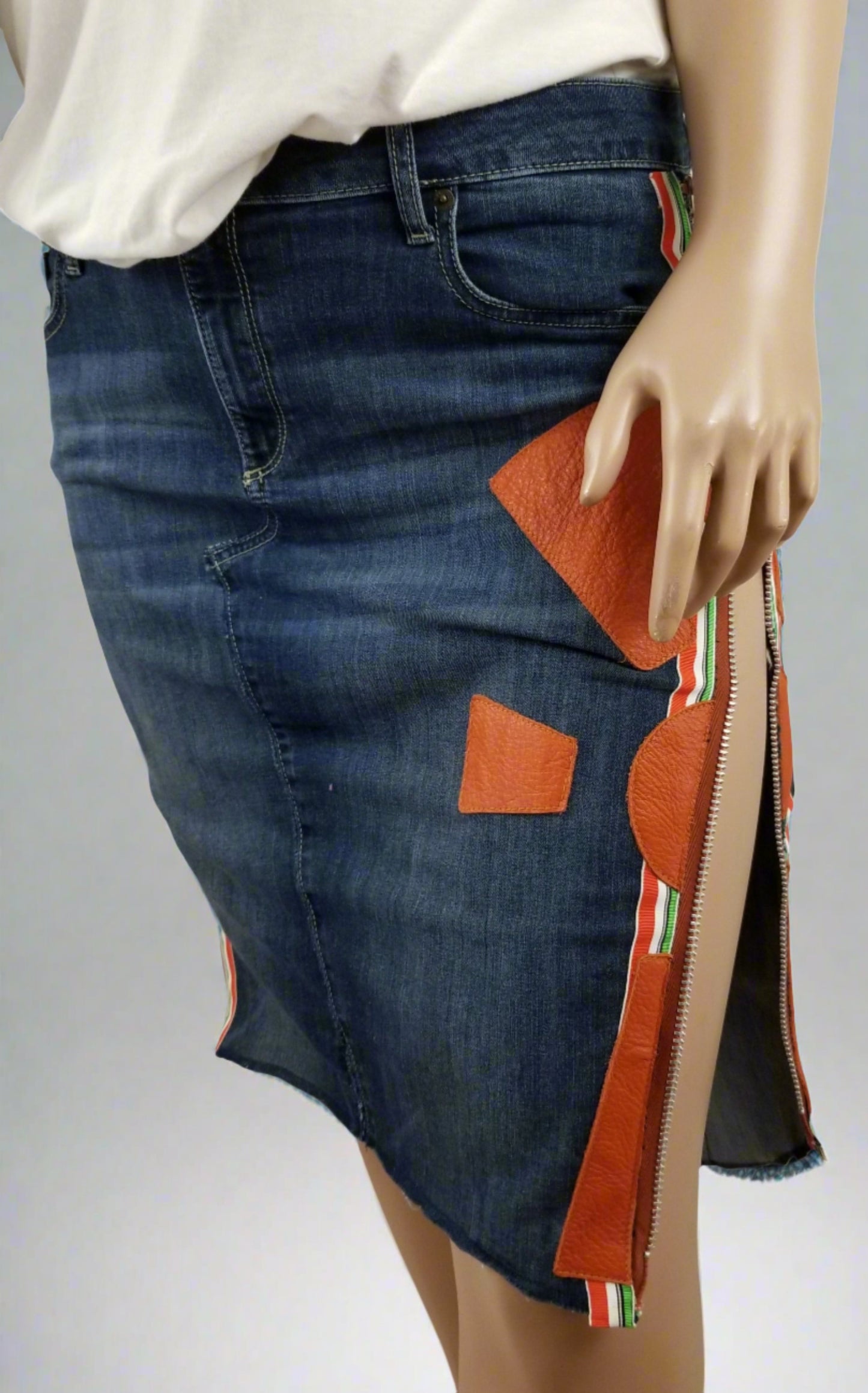 Upcycled Gap jeans 18 Plus to jean skirt Leather Ankh applique & Ankara Hi-Lo hem One-Of-A-Kind African Diaspora