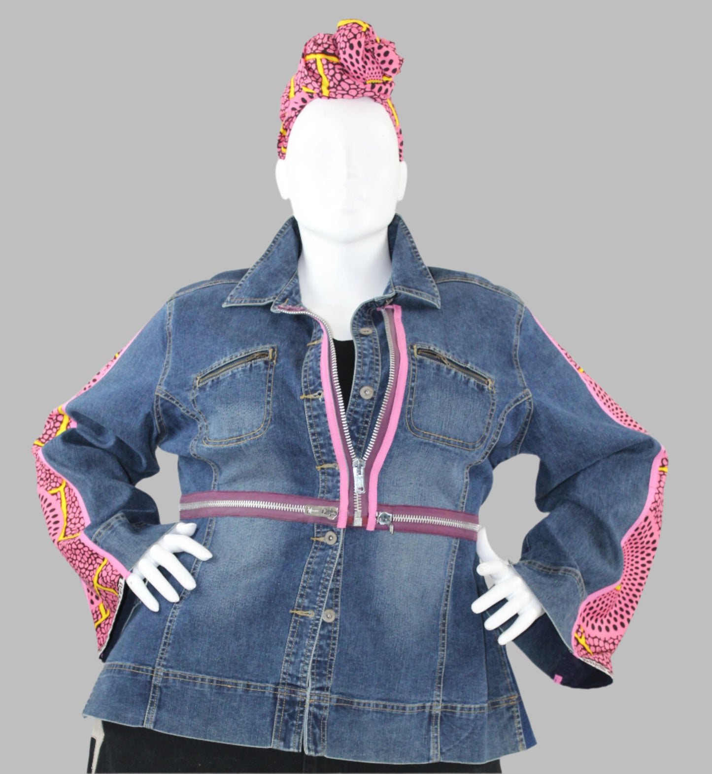 Upcycled Ashley Stewart jean jacket 22 Plus Pink Leather Ankh applique & Ankara One-Of-A-Kind Africa Diaspora