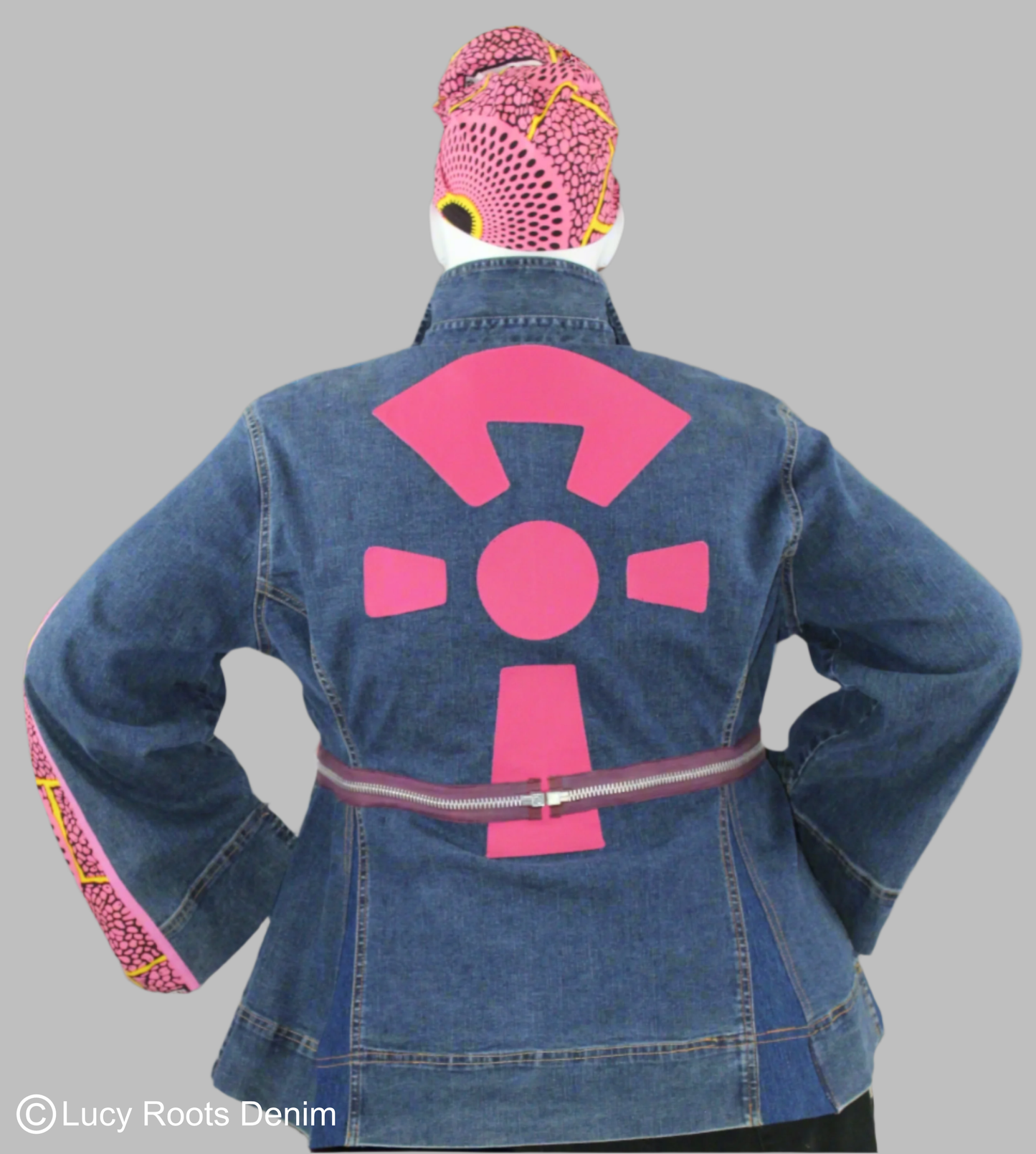 Upcycled Ashley Stewart jean jacket 22 Plus Pink Leather Ankh applique & Ankara One-Of-A-Kind Africa Diaspora