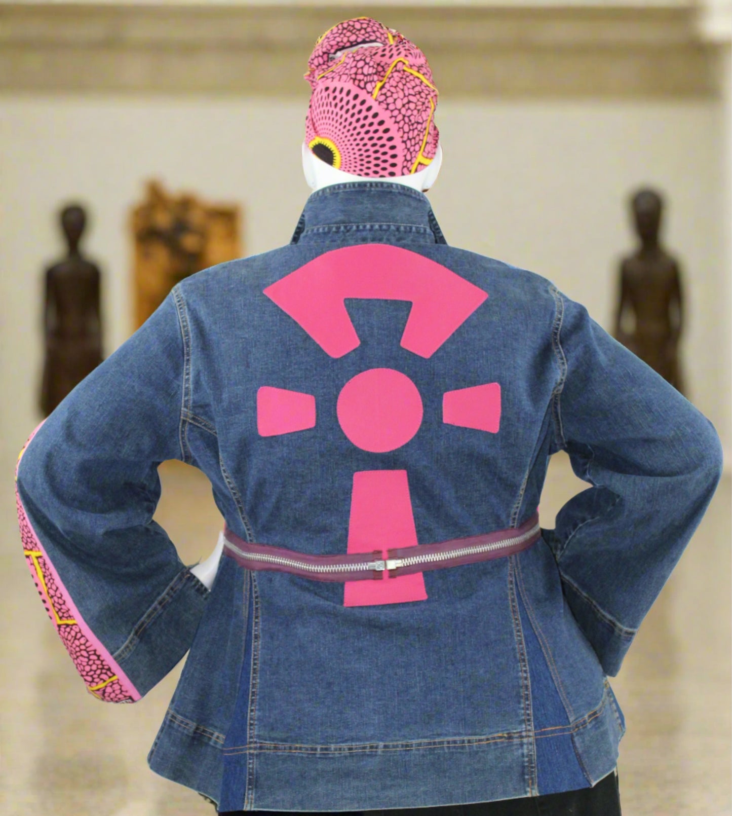 Upcycled Ashley Stewart jean jacket 22 Plus Pink Leather Ankh applique & Ankara One-Of-A-Kind Africa Diaspora