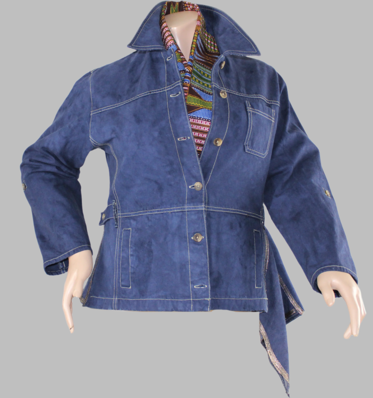 Upcycled Tape Measure 14 Plus denim jacket Leather Ankh Kente print Ankara Gold trim African Diaspora