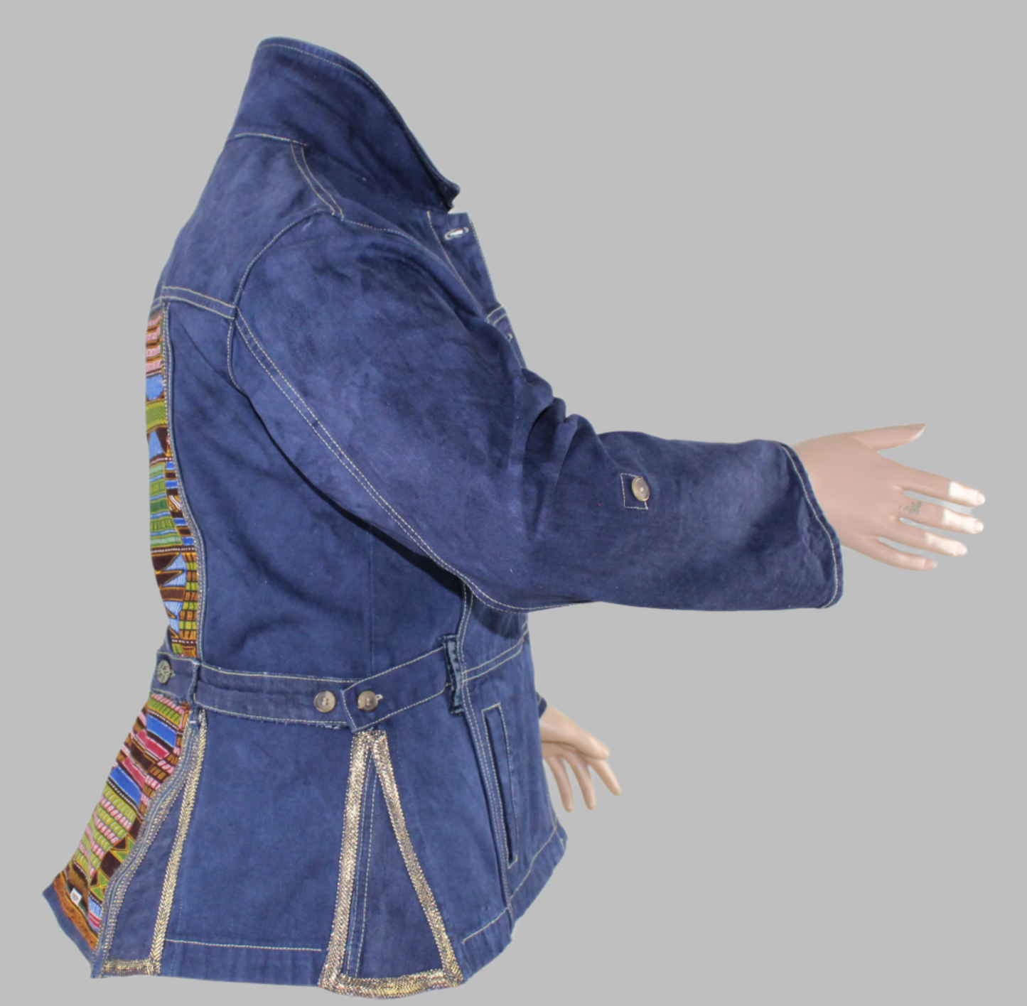 Upcycled Tape Measure 14 Plus denim jacket Leather Ankh Kente print Ankara Gold trim African Diaspora