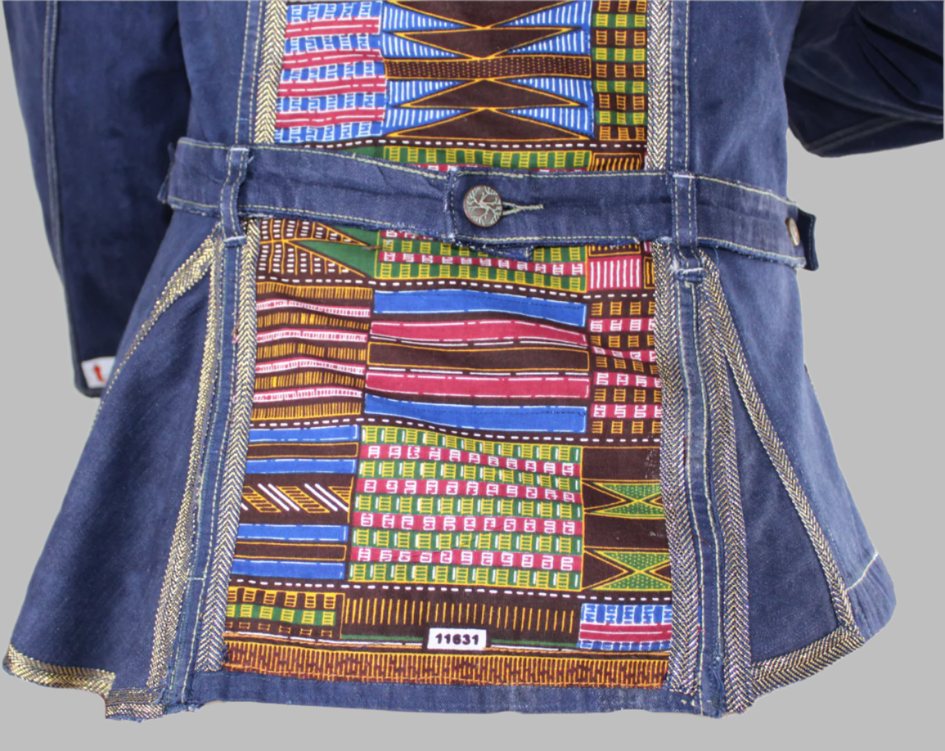 Upcycled Tape Measure 14 Plus denim jacket Leather Ankh Kente print Ankara Gold trim African Diaspora