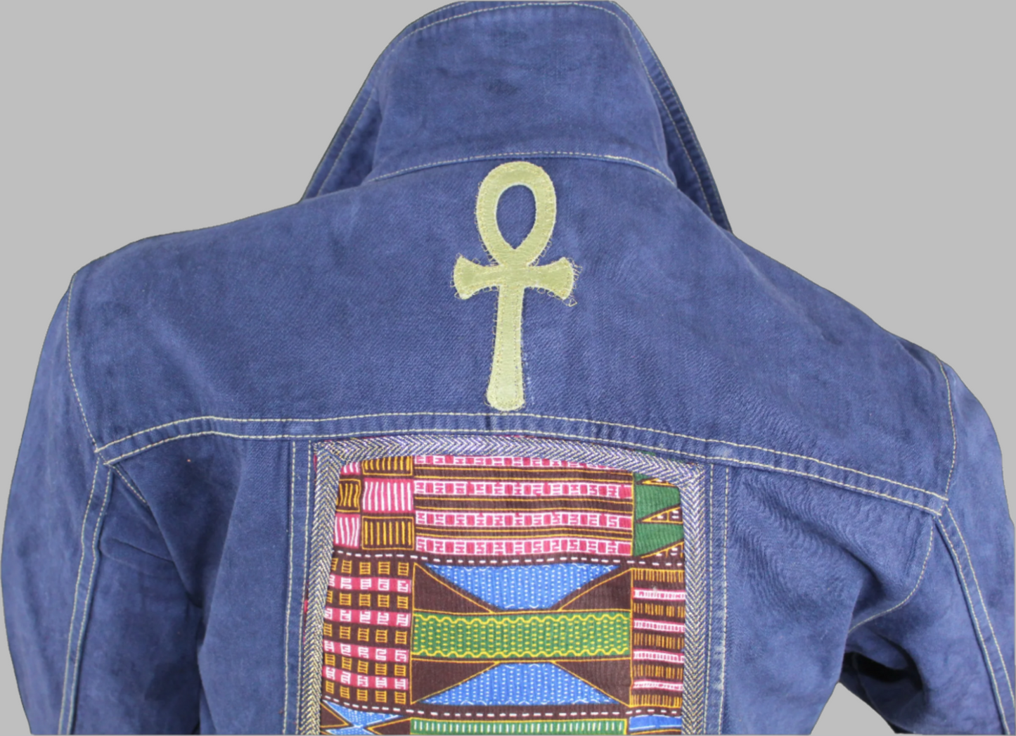 Upcycled Tape Measure 14 Plus denim jacket Leather Ankh Kente print Ankara Gold trim African Diaspora