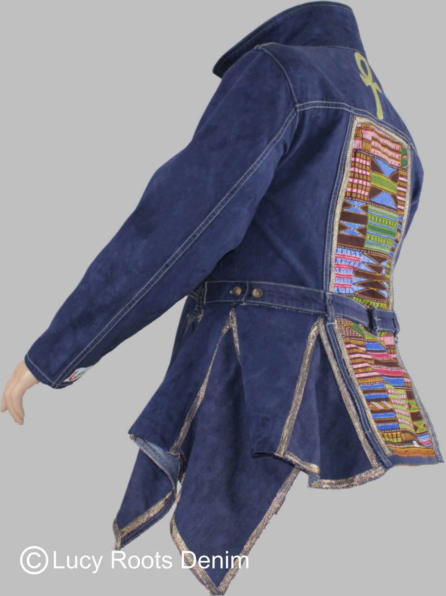 Upcycled Tape Measure 14 Plus denim jacket Leather Ankh Kente print Ankara Gold trim African Diaspora