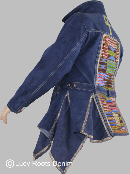 Upcycled Tape Measure 14 Plus denim jacket Leather Ankh Kente print Ankara Gold trim African Diaspora