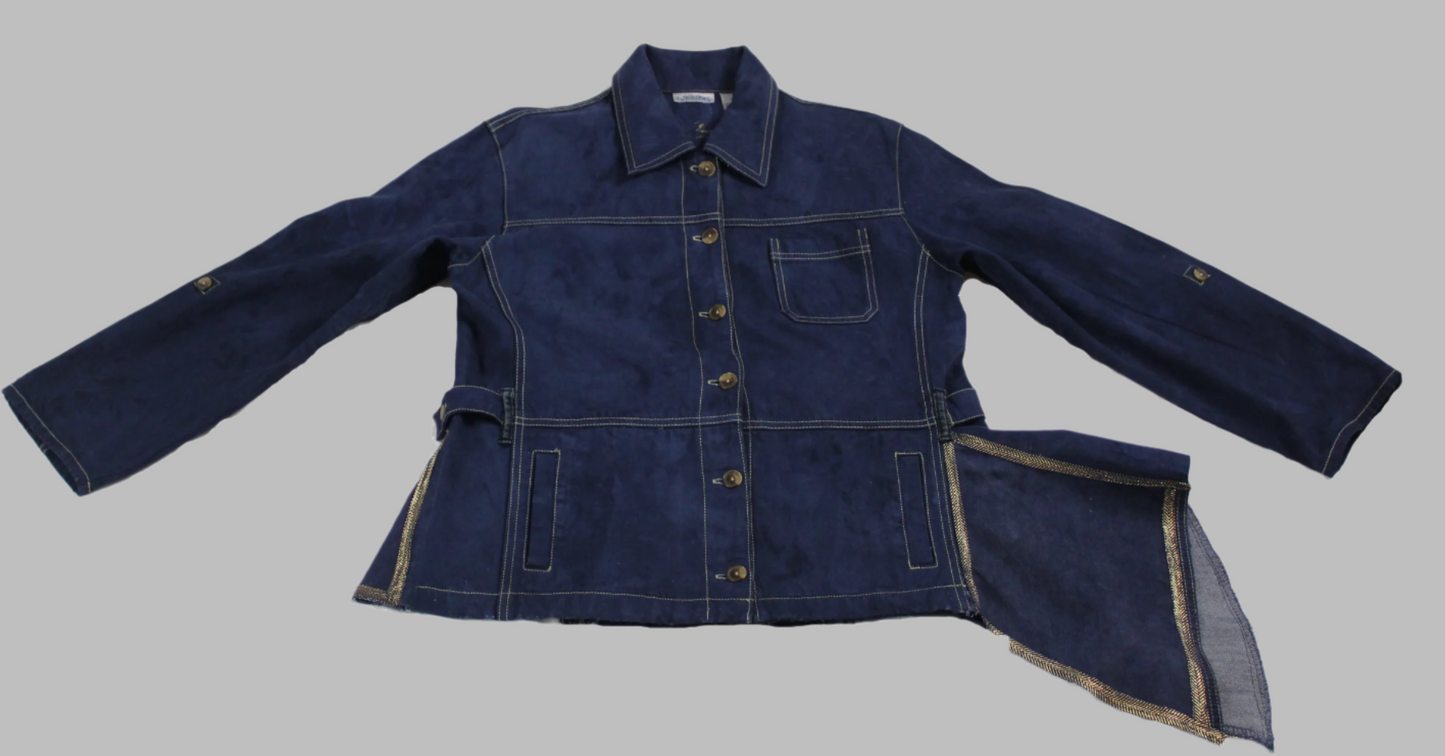 Upcycled Tape Measure 14 Plus denim jacket Leather Ankh Kente print Ankara Gold trim African Diaspora
