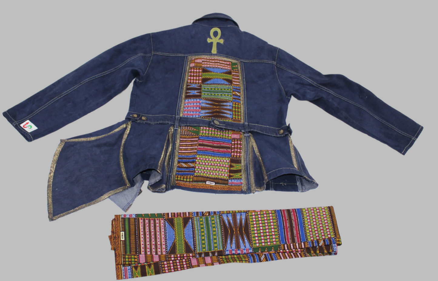 Upcycled Tape Measure 14 Plus denim jacket Leather Ankh Kente print Ankara Gold trim African Diaspora