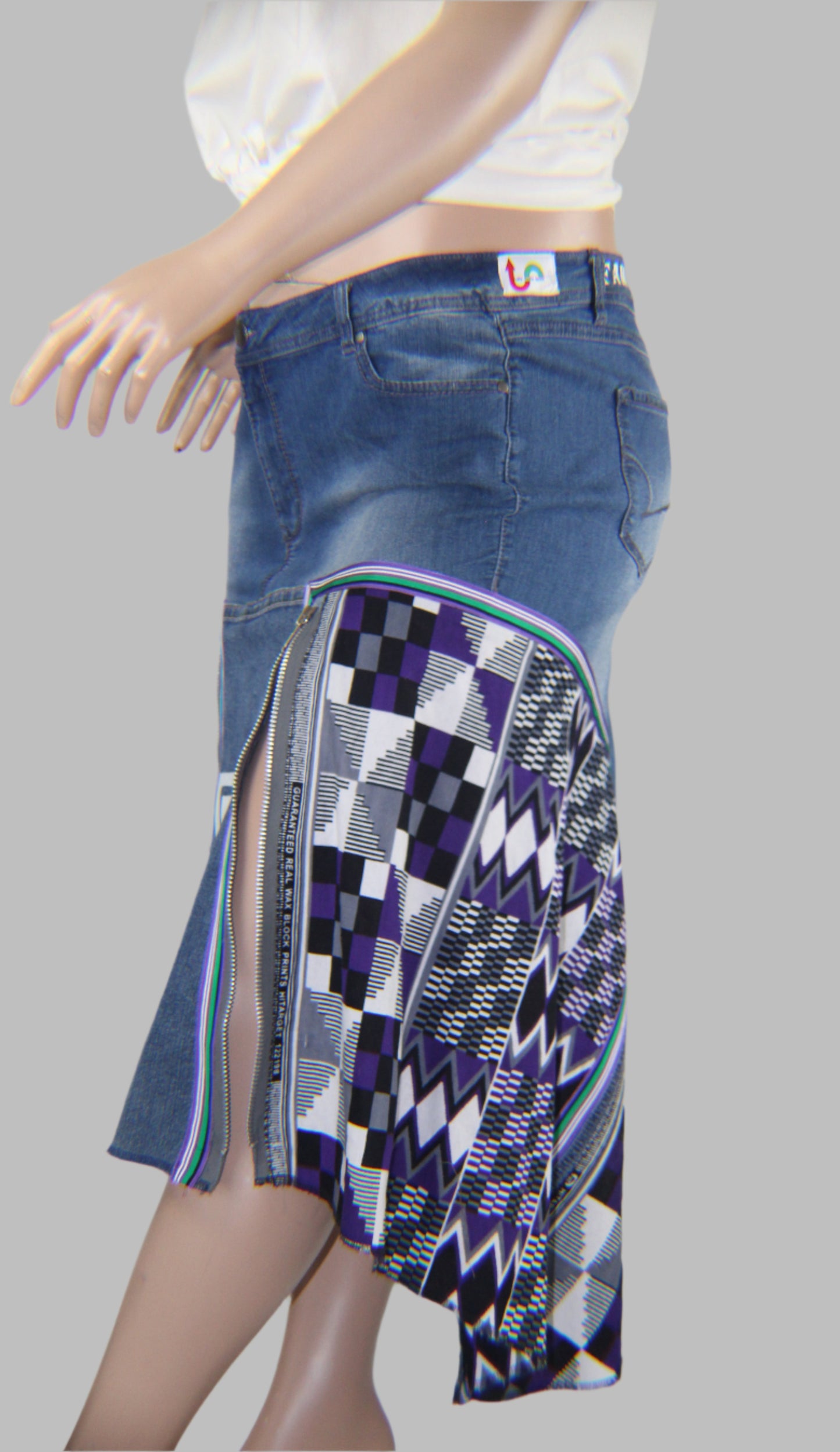 Upcycled jeans to jean skirt Size 20 Fawohodie Independence Purple Ankara African Diaspora