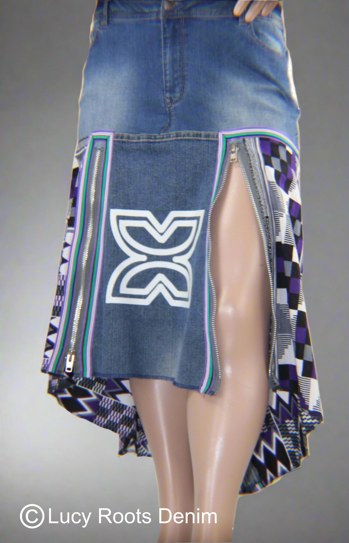Upcycled jeans to jean skirt Size 20 Fawohodie Independence Purple Ankara African Diaspora