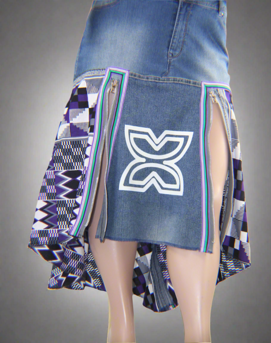 Upcycled jeans to jean skirt Size 20 Fawohodie Independence Purple Ankara African Diaspora