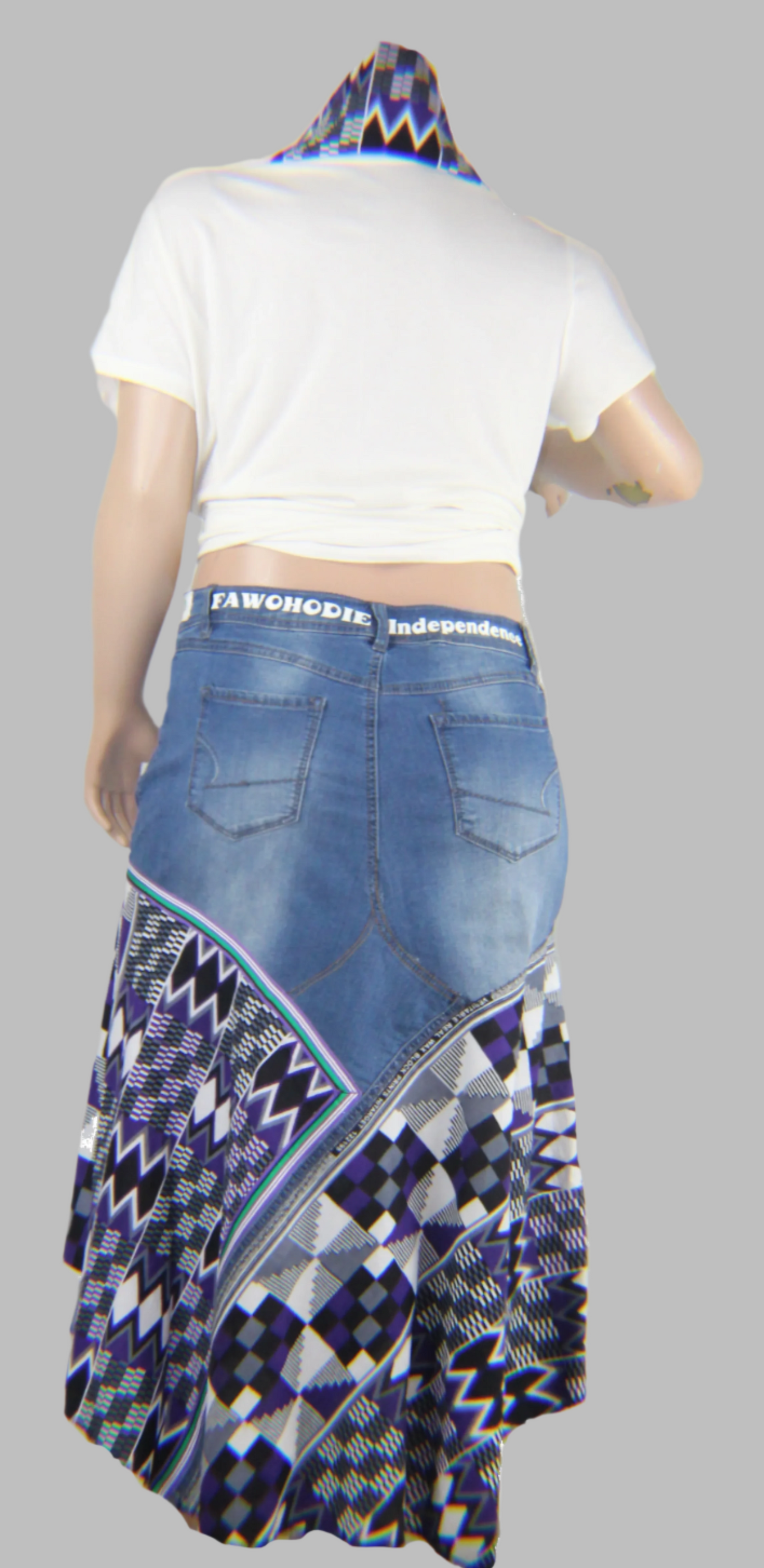Upcycled jeans to jean skirt Size 20 Fawohodie Independence Purple Ankara African Diaspora
