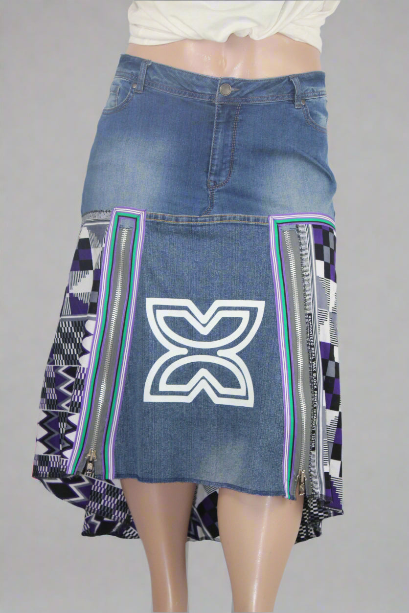 Upcycled jeans to jean skirt Size 20 Fawohodie Independence Purple Ankara African Diaspora