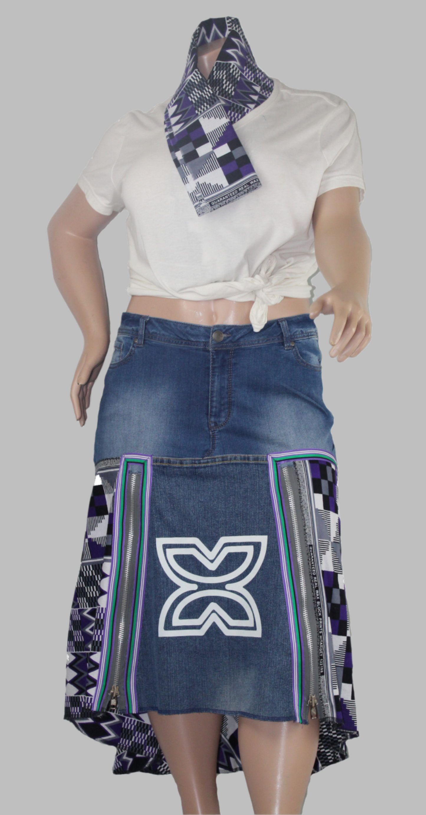 Upcycled jeans to jean skirt Size 20 Fawohodie Independence Purple Ankara African Diaspora