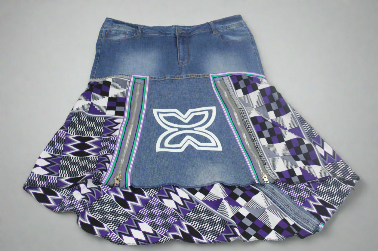 Upcycled jeans to jean skirt Size 20 Fawohodie Independence Purple Ankara African Diaspora