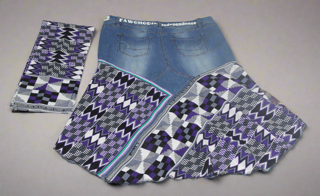 Upcycled jeans to jean skirt Size 20 Fawohodie Independence Purple Ankara African Diaspora