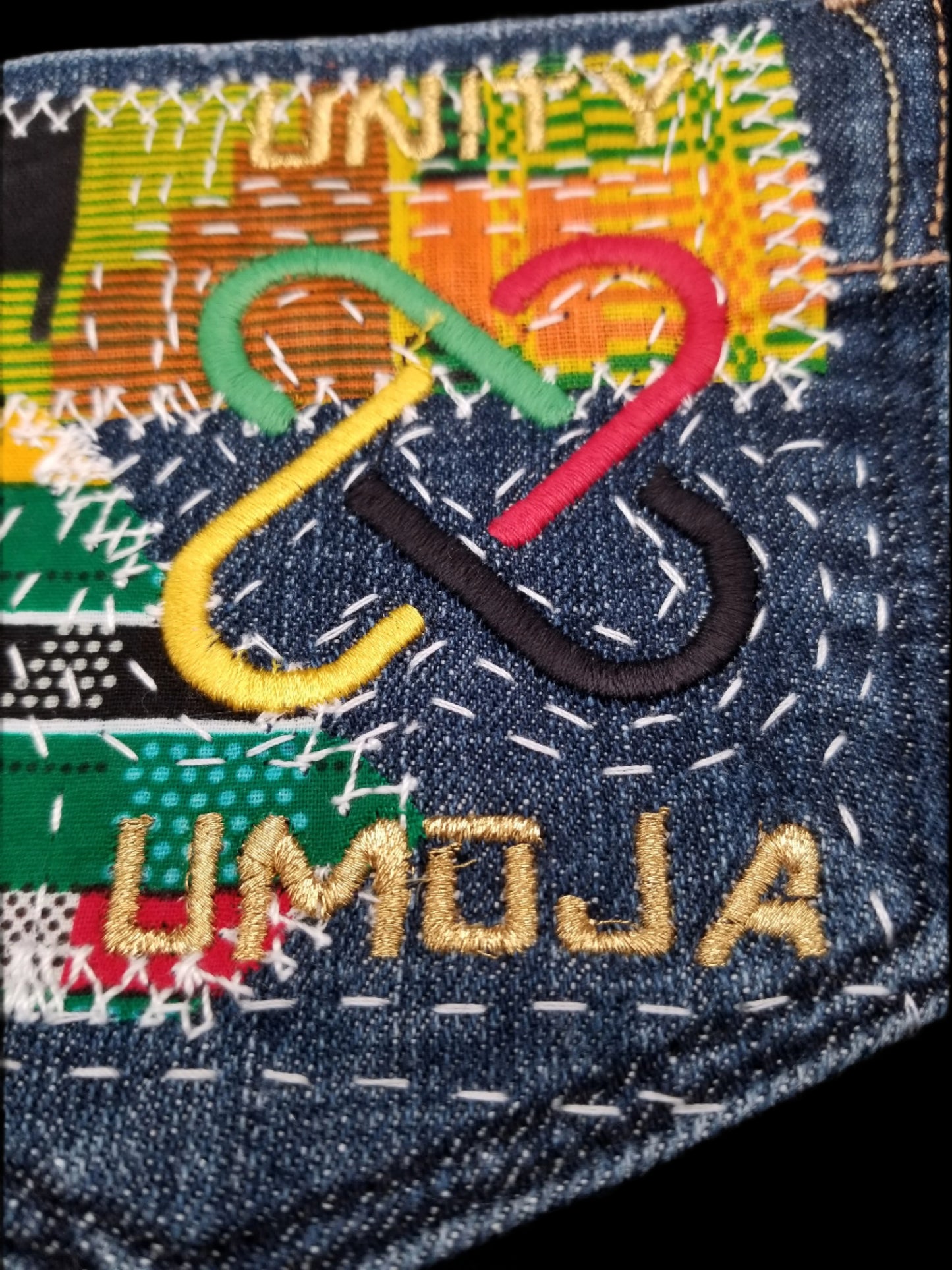 Umoja Unity # 1 Upcycled denim blue jeans Pocket Patch African Diasopra