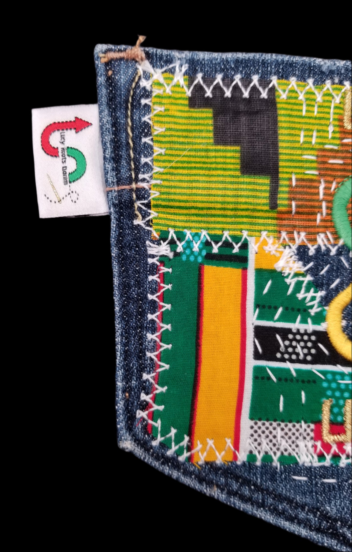 Umoja Unity # 1 Upcycled denim blue jeans Pocket Patch African Diasopra