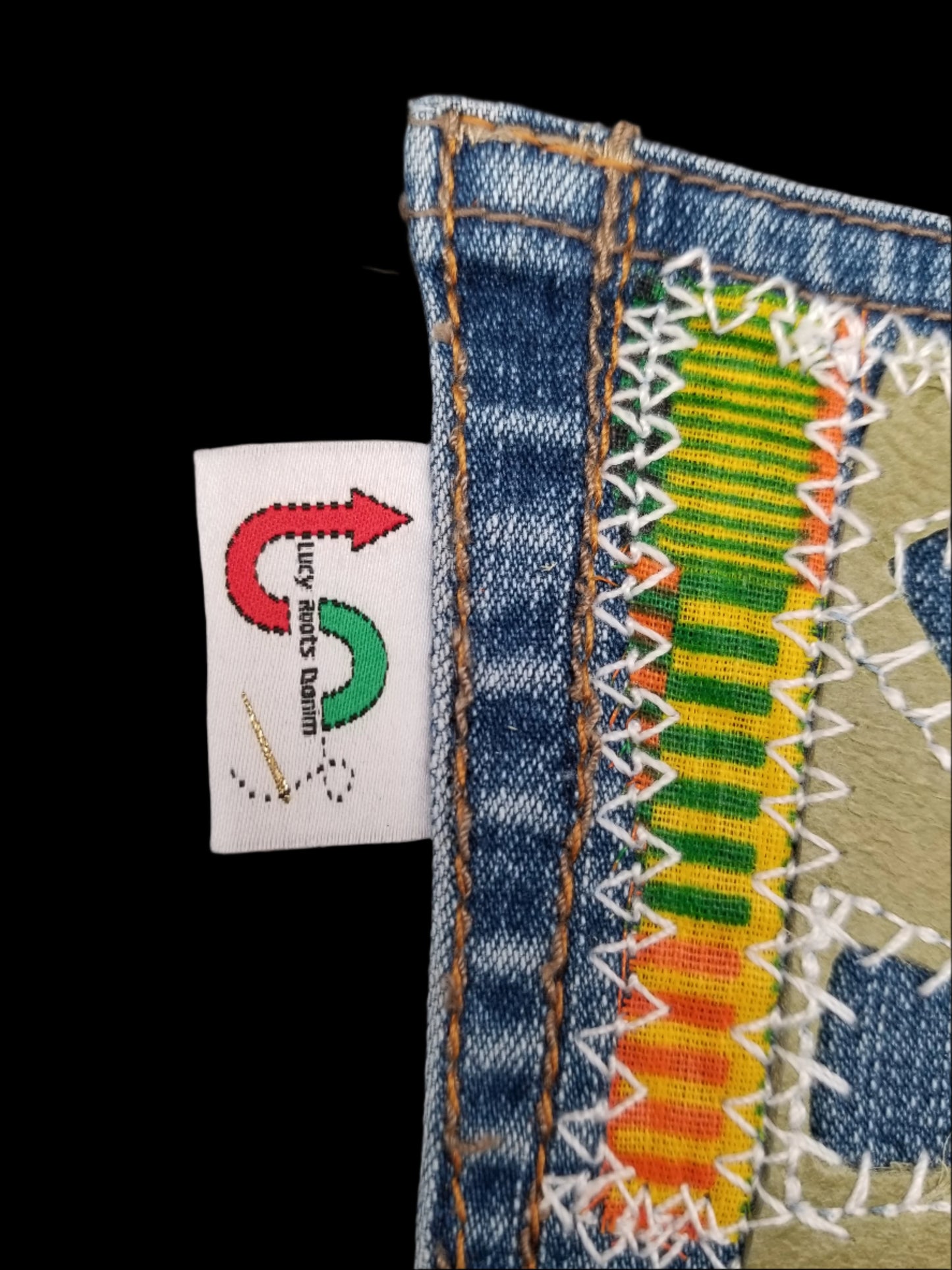 Ankh # 3 Upcycled denim blue jeans Pocket Patch African Diaspora Leather and Ankara Applique