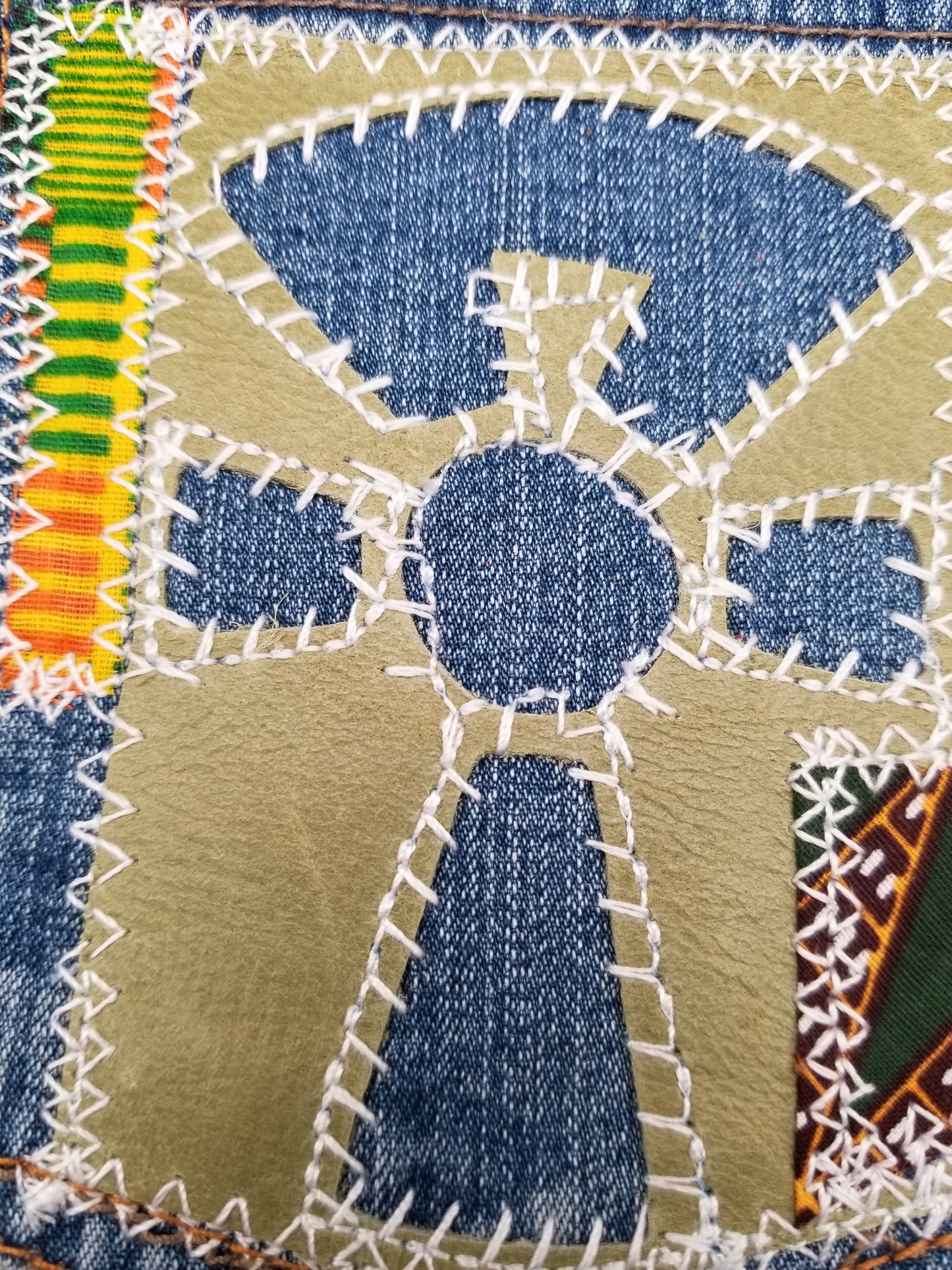 Ankh # 3 Upcycled denim blue jeans Pocket Patch African Diaspora Leather and Ankara Applique