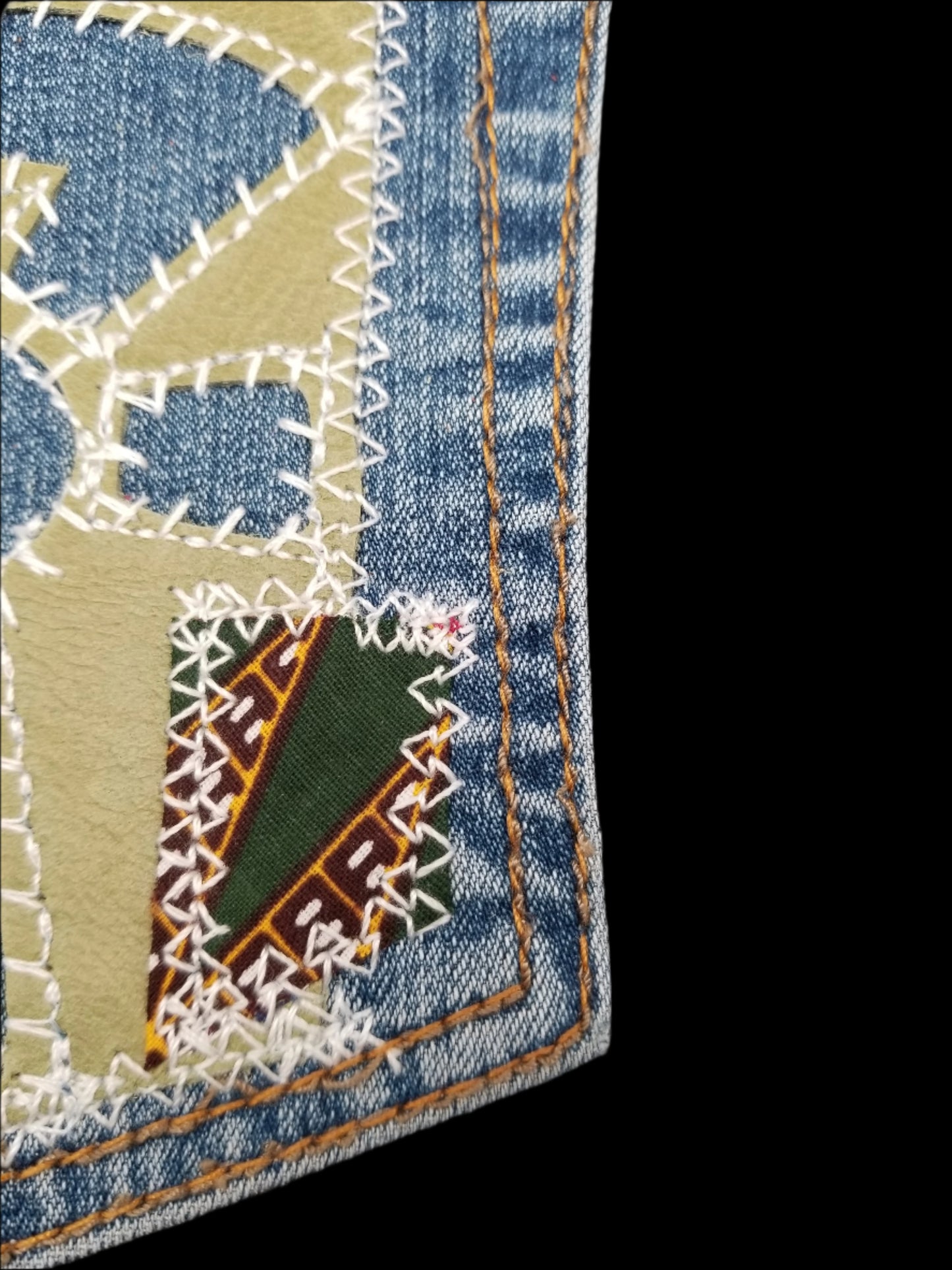 Ankh # 3 Upcycled denim blue jeans Pocket Patch African Diaspora Leather and Ankara Applique