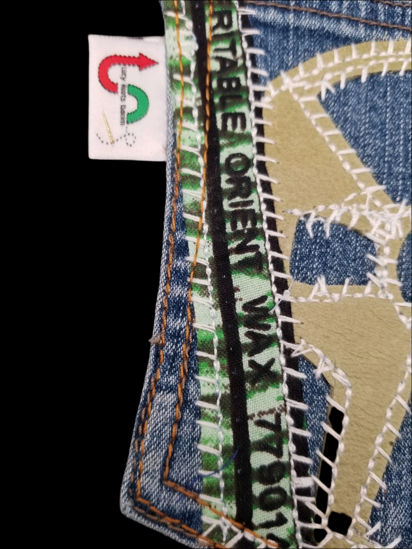 Ankh # 4 Upcycled denim blue jeans Pocket Patch Leather and Ankara applique African Diaspora