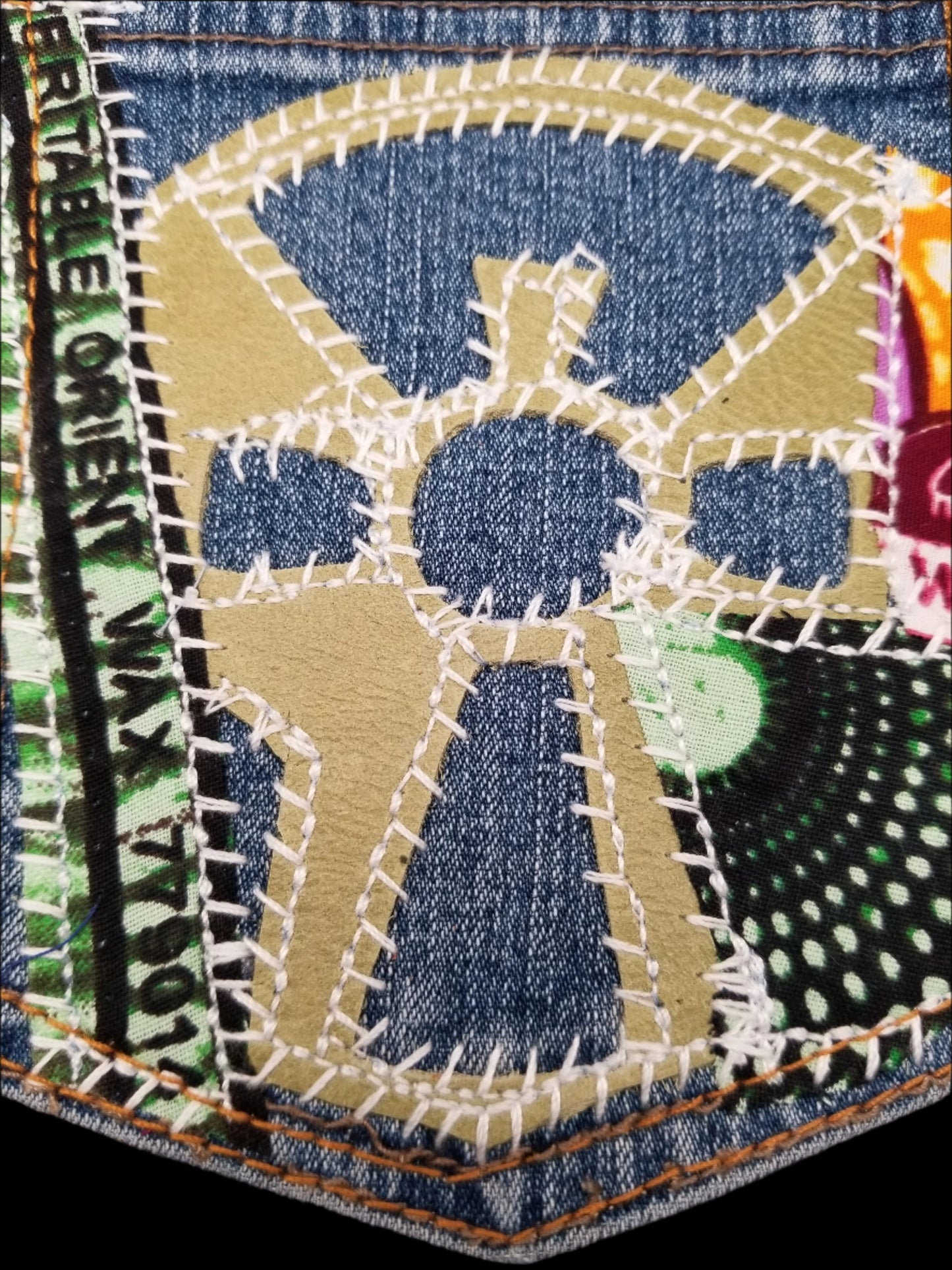 Ankh # 4 Upcycled denim blue jeans Pocket Patch Leather and Ankara applique African Diaspora