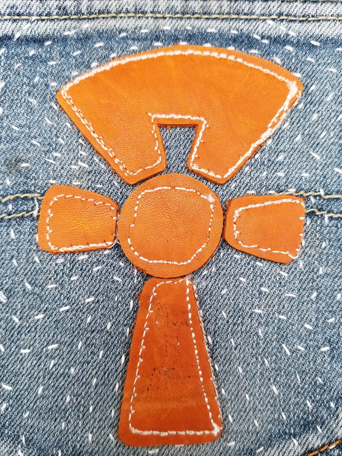 Ankh # 5 Upcycled denim blue jeans Pocket Patch Leather applique African Diaspora