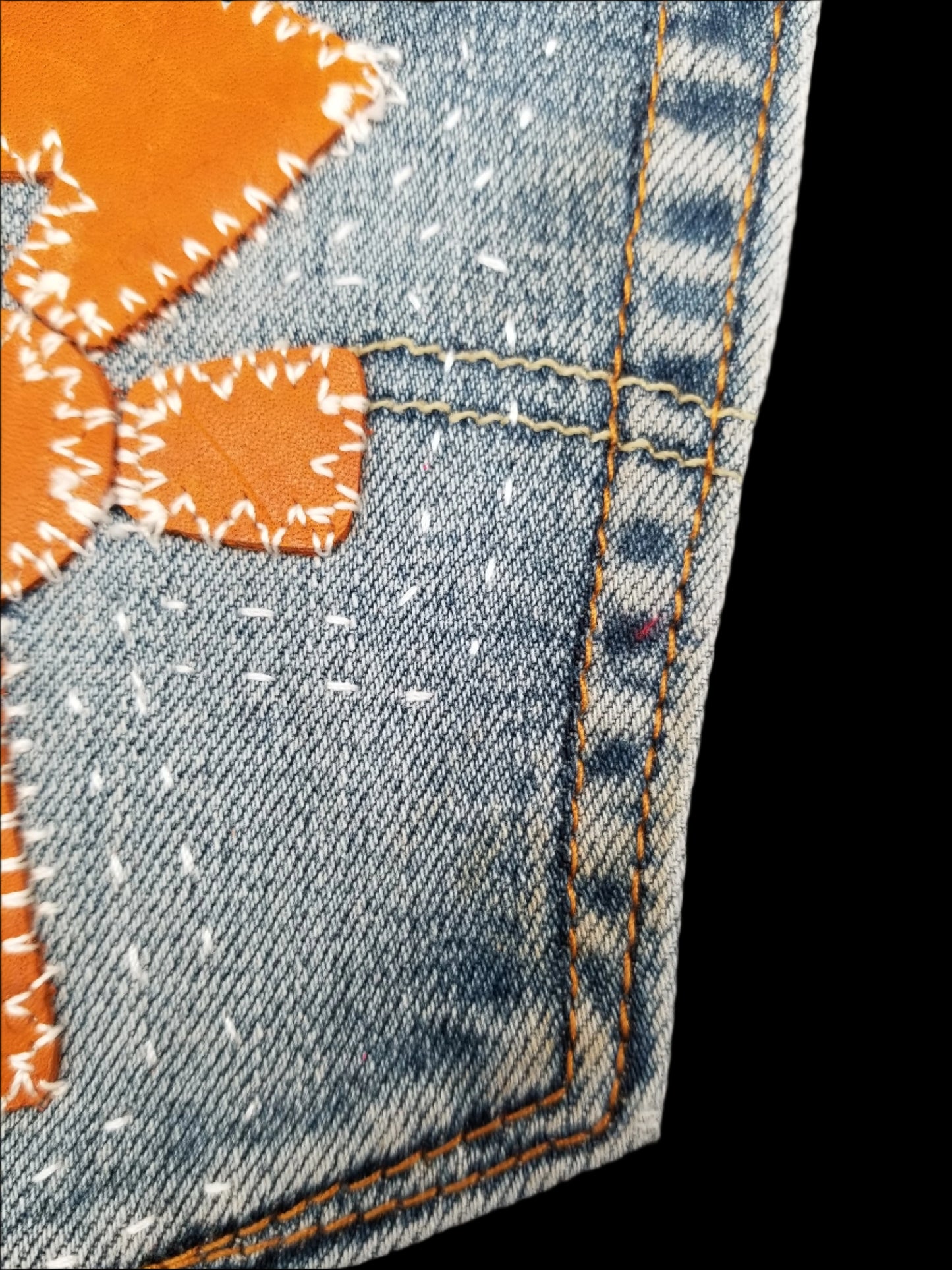 Ankh # 6 Upcycled denim blue jeans Pocket Patch Leather applique African Diaspora