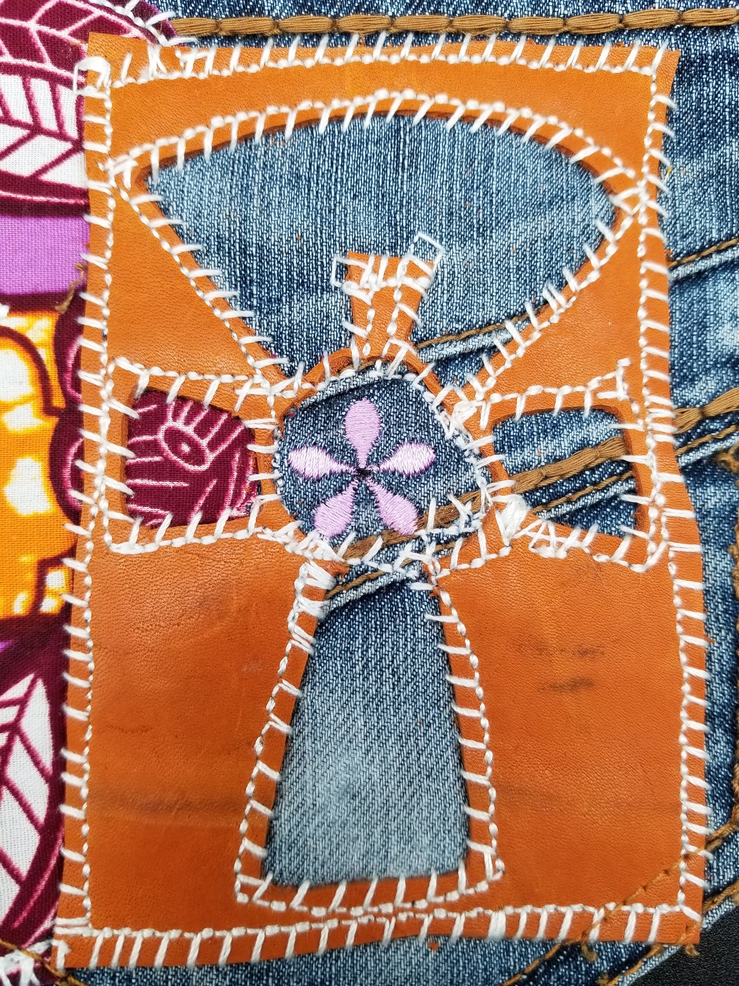 Ankh # 7 Upcycled denim blue jeans Pocket Patch Leather applique African Diaspora