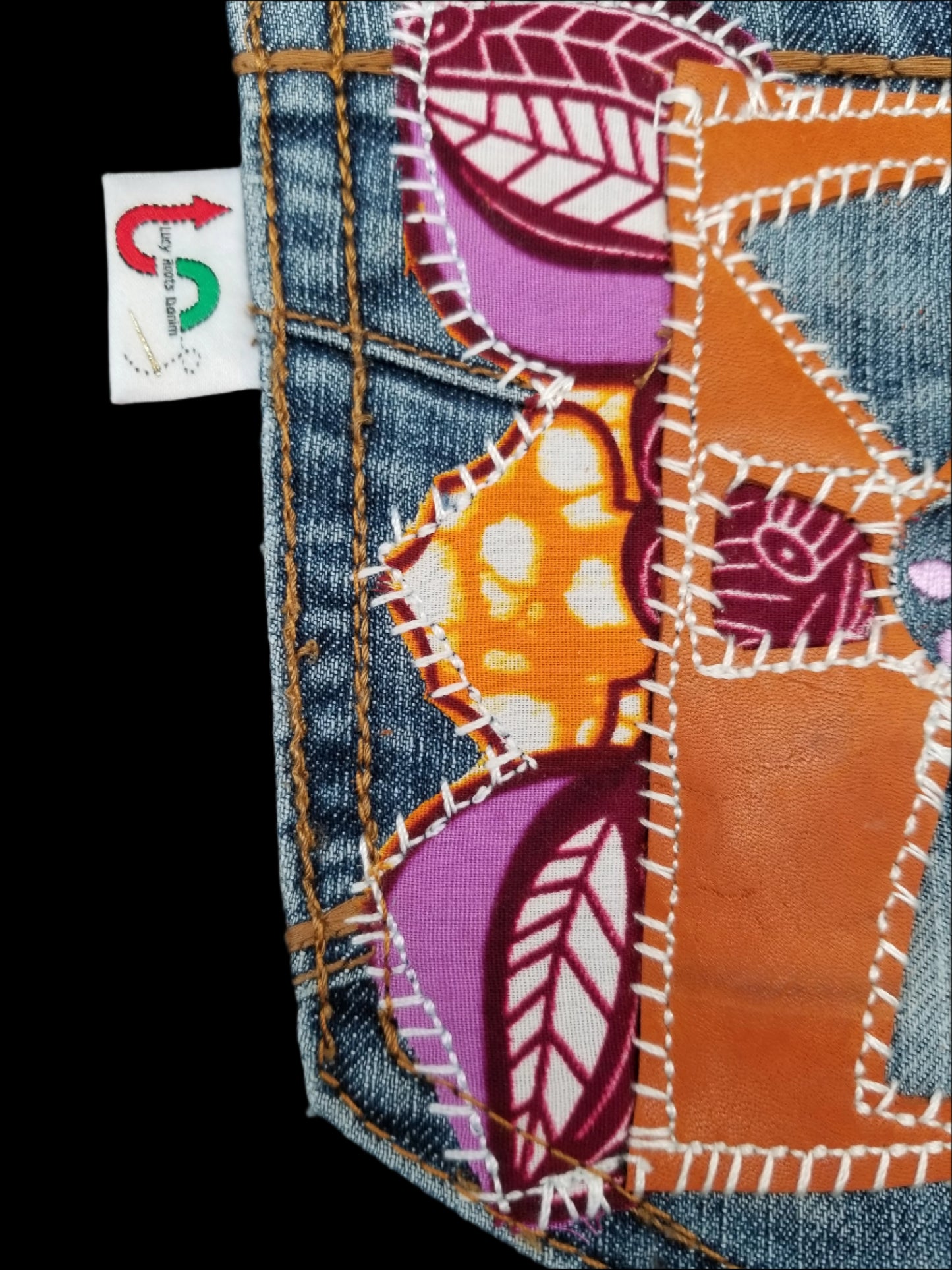 Ankh # 7 Upcycled denim blue jeans Pocket Patch Leather applique African Diaspora