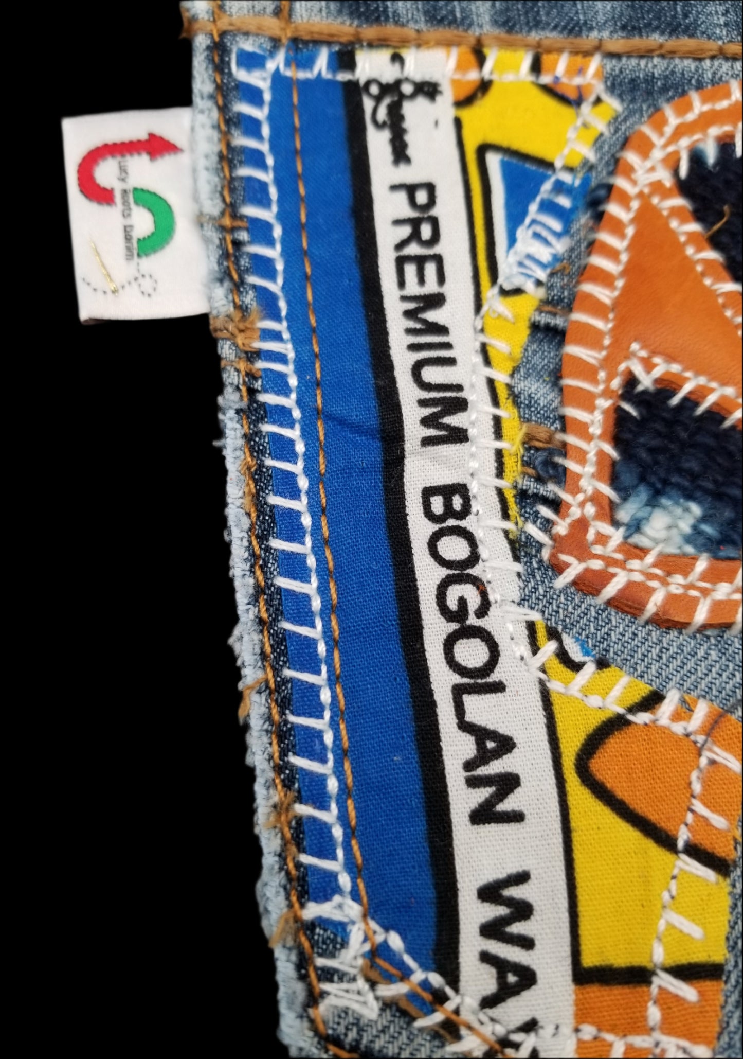 Ankh # 8 Upcycled denim blue jeans Pocket Patch Leather and Mud Cloth applique African Diaspora