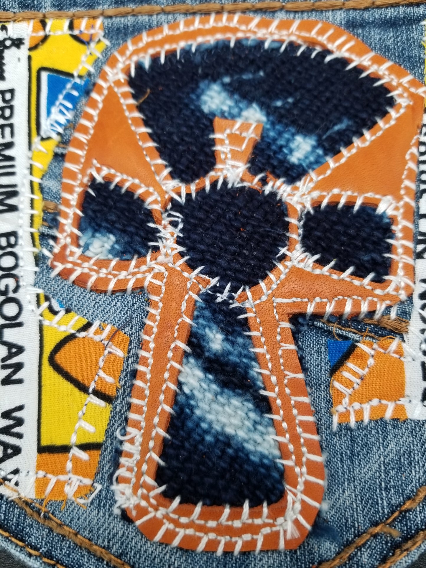 Ankh # 8 Upcycled denim blue jeans Pocket Patch Leather and Mud Cloth applique African Diaspora