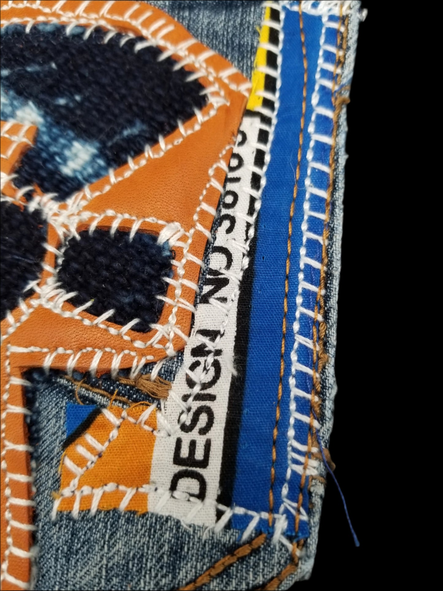 Ankh # 8 Upcycled denim blue jeans Pocket Patch Leather and Mud Cloth applique African Diaspora