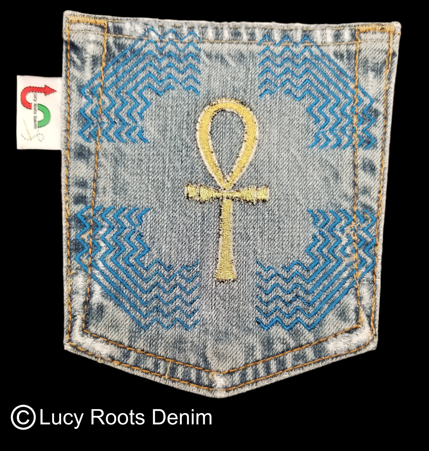 Ankh # ten 10 Upcycled denim blue jeans Pocket Patch African Diaspora