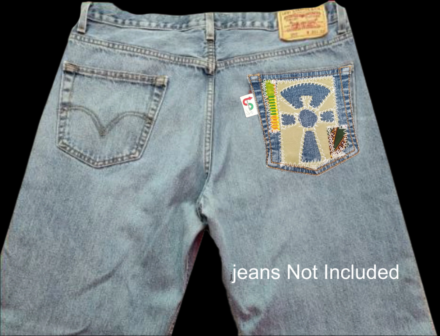Ankh # 3 Upcycled denim blue jeans Pocket Patch African Diaspora Leather and Ankara Applique