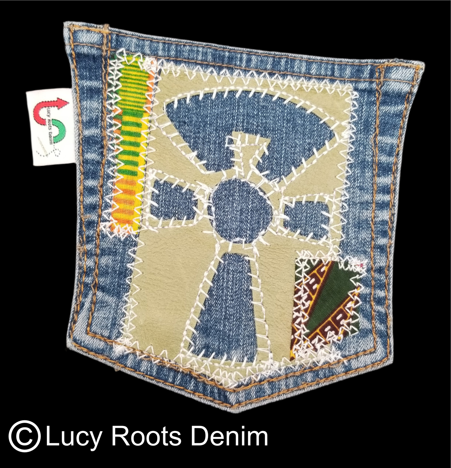 Ankh # 3 Upcycled denim blue jeans Pocket Patch African Diaspora Leather and Ankara Applique