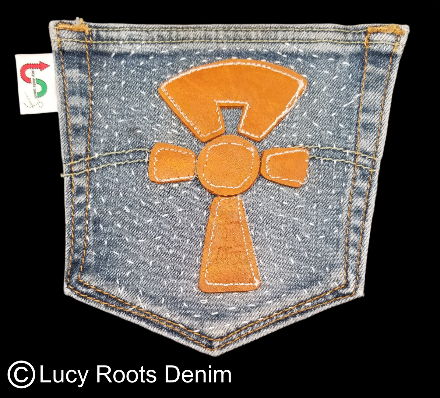 Ankh # 5 Upcycled denim blue jeans Pocket Patch Leather applique African Diaspora