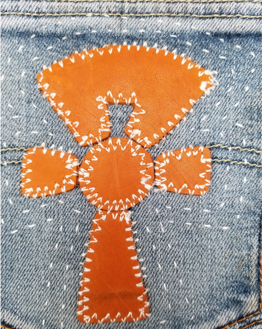 Ankh # 6 Upcycled denim blue jeans Pocket Patch Leather applique African Diaspora