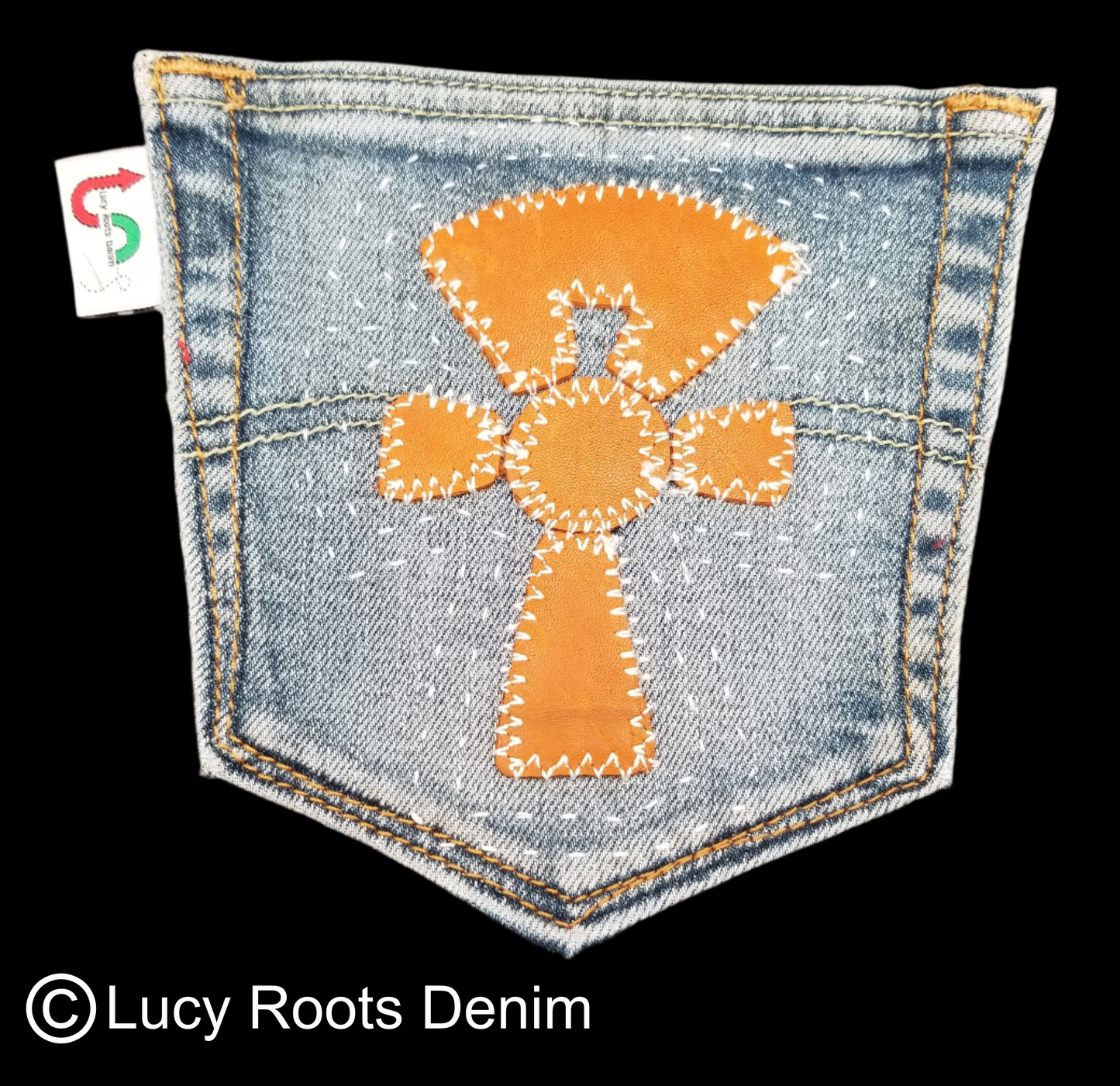 Ankh # 6 Upcycled denim blue jeans Pocket Patch Leather applique African Diaspora