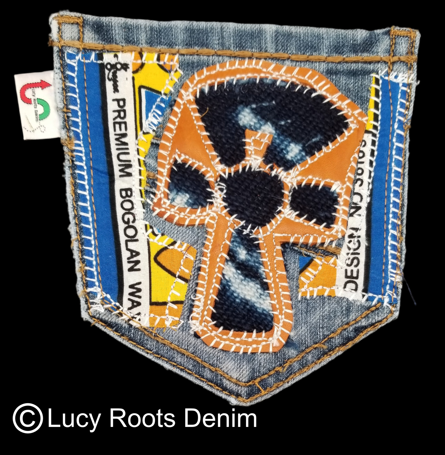 Ankh # 8 Upcycled denim blue jeans Pocket Patch Leather and Mud Cloth applique African Diaspora