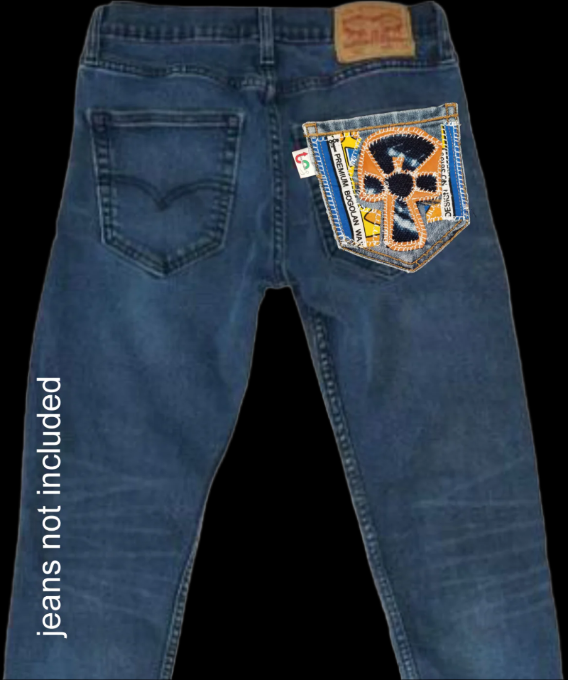 Ankh # 8 Upcycled denim blue jeans Pocket Patch Leather and Mud Cloth applique African Diaspora