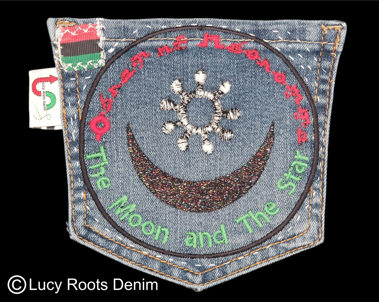 Osram ne Nsoromma # 7 The Moon and The Star Upcycled denim blue jean Pocket Patch African Diaspora