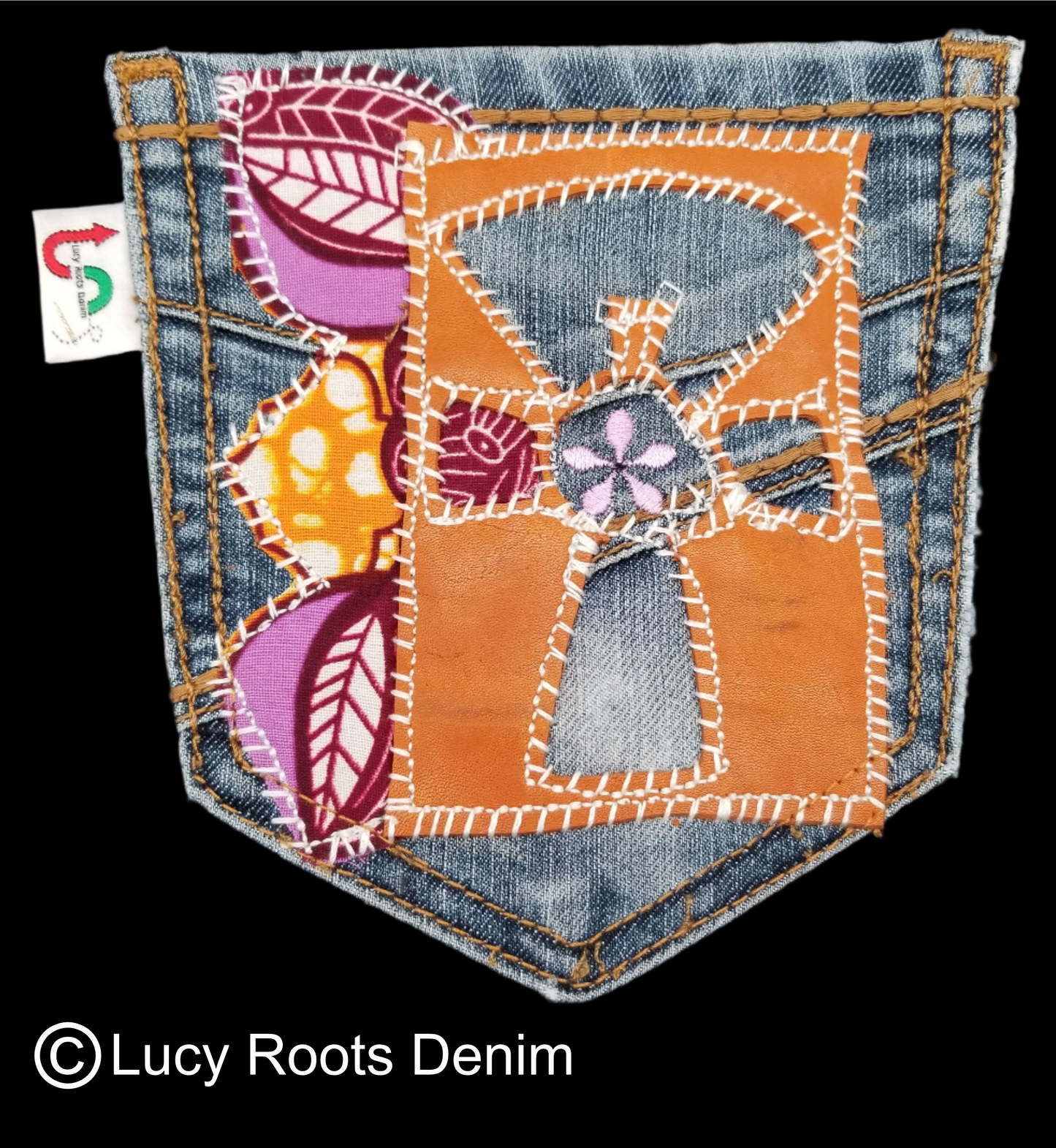 Ankh # 7 Upcycled denim blue jeans Pocket Patch Leather applique African Diaspora