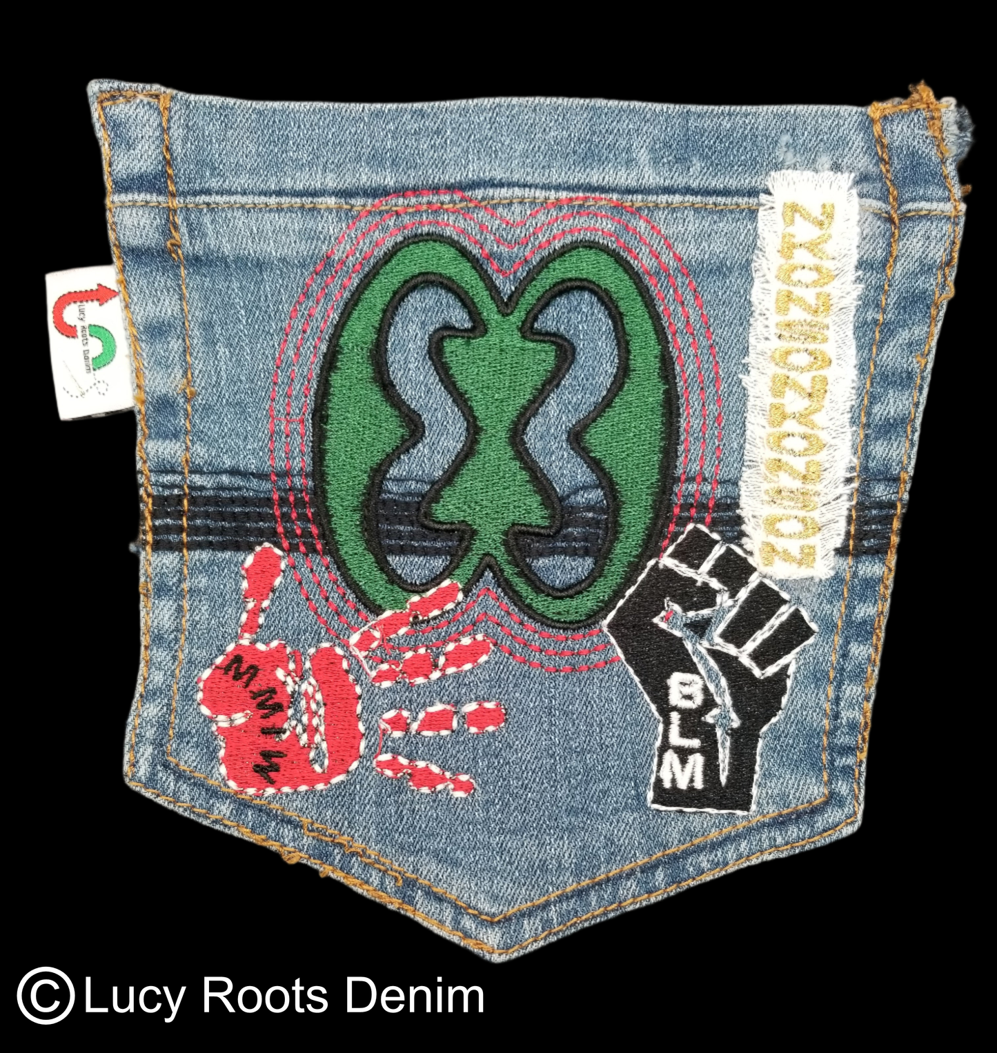 Nkonsonkonson # 6 Upcycled denim blue jeans Pocket Patch African Diaspora Indigenous Peoples