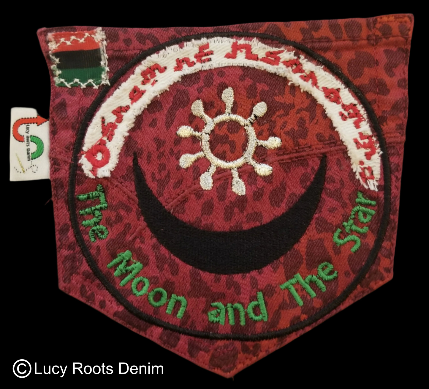 Osram ne Nsoromma # 2 The Moon and The Star Upcycled red jeans Pocket Patch African Diaspora