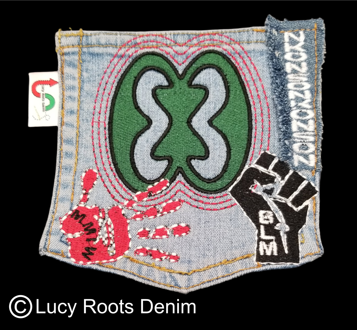 Nkonsonkonson # 2 Upcycled denim blue jeans Pocket Patch African Diaspora Indigenous Peoples