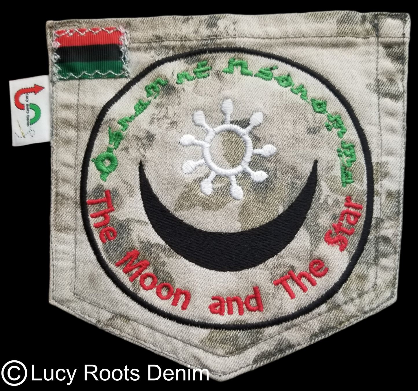 Osram ne Nsoromma # 3 The Moon and The Star Upcycled gray jeans Pocket Patch African Diaspora