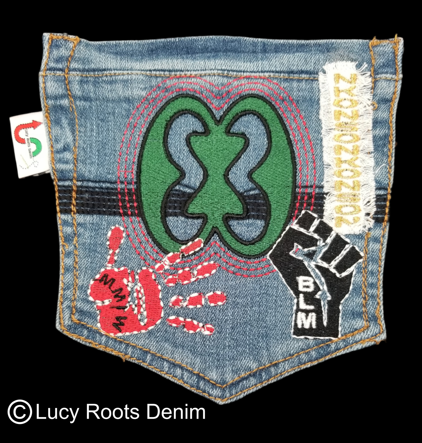 Nkonsonkonson # 7 Upcycled denim blue jeans Pocket Patch African Diaspora Indigenous Peoples