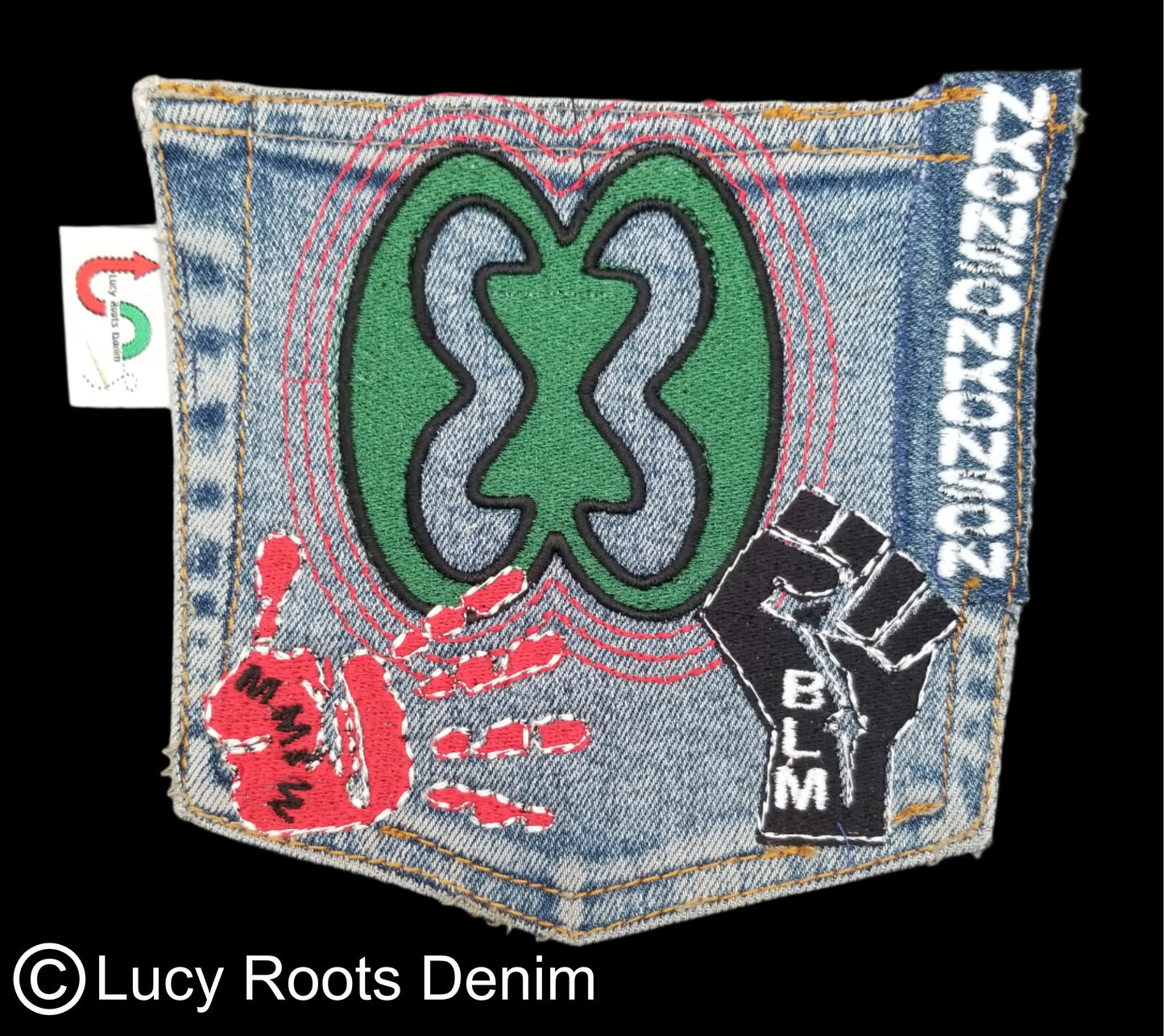 Nkonsonkonson # 4 Upcycled denim blue jeans Pocket Patch African Diaspora Indigenous Peoples